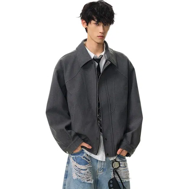 冈哉  美式复古潮流时尚翻领明线装饰假口袋设计下摆松紧休闲工装垂感痞帅宽松少年感舒适潮搭长袖外套夹克 男女同款