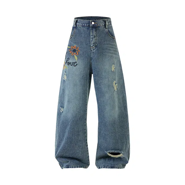 艾梵斯贝 美式复古潮流做旧水洗竹节花卉刺绣破洞弯刀裤简约设计感无性别主义潮酷高街风日常通勤百搭街舞休闲牛仔裤 男女同款