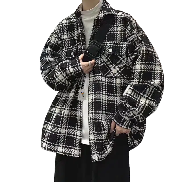 地界二 轻熟风千鸟格毛呢工装外套男士百搭痞帅韩版青少年韩版潮流千鸟格毛呢工装常规宽松夹克 男款