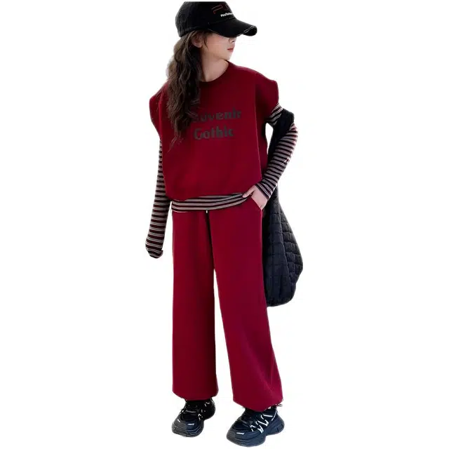 木木兔休闲运动套装 青春潮流时尚女大童秋季学生条纹三件套宽松舒适百搭 时髦洋气