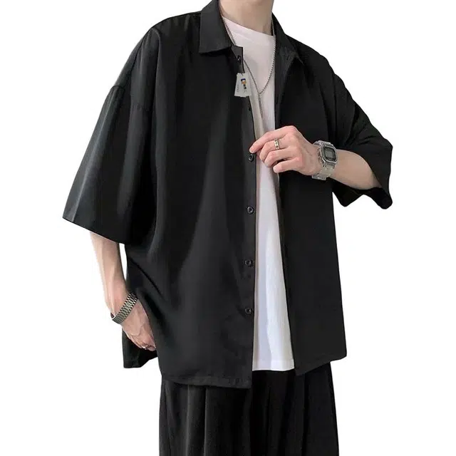 地界二 夏季薄款潮流短袖男港风休闲百搭纯色宽松痞帅五分袖衬衣外套纯色宽松痞帅五分袖潮衬衫 男款