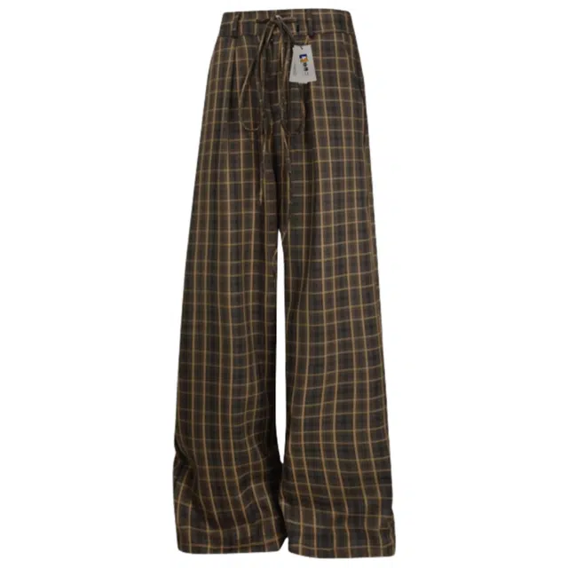 地界二 美式复古咖色格子阔腿直筒裤慵懒风宽松显瘦百搭潮休闲裤 男款