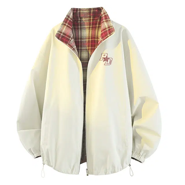 红蜻蜓 美式高街双面穿格纹数字字母印花宽松百搭舒适防风防水休闲棒球服立领外套夹克 男女同款