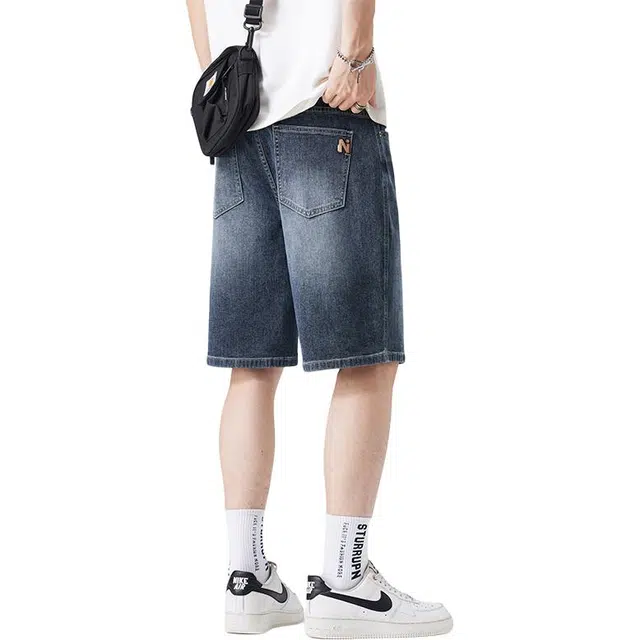 协协乐 美式复古做旧水洗夏季薄款凉感透气宽松直筒青少年百搭五分中裤牛仔裤 男款