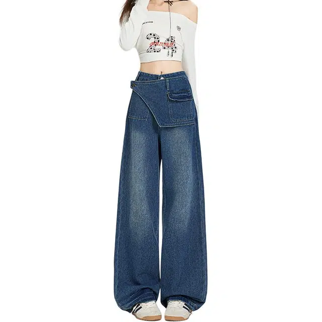 如续 秋季裤子显瘦高腰长裤设计感时髦百搭阔腿裤牛仔裤 女款