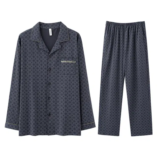 兰缪 纯棉男士长袖长裤春夏秋休闲翻领开衫宽松可外穿家居服睡衣套装 男款