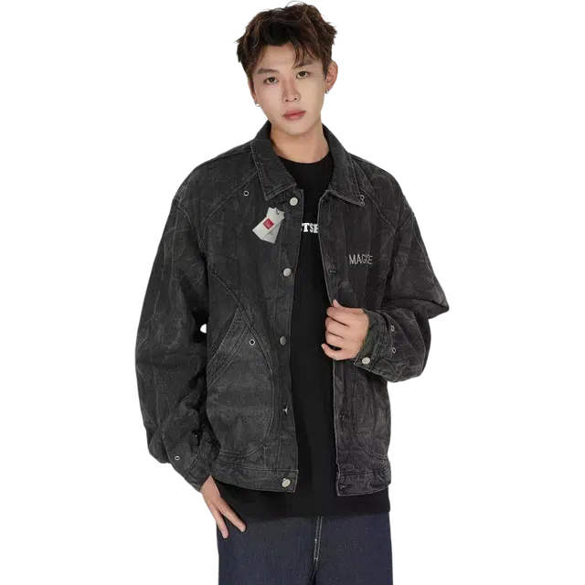 北极绒 美式复古水洗扎染小众铆钉结构潮牌设计感宽松牛仔外套 男款
