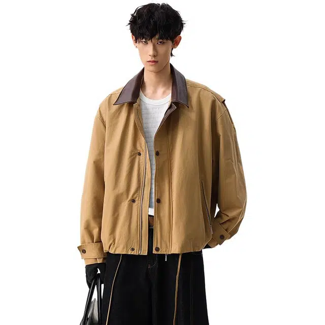 冈哉 美式复古拉链皮领拼接翻领设计休闲工装老钱风垂感痞帅宽松开衫少年感舒适潮搭长袖外套夹克 男女同款