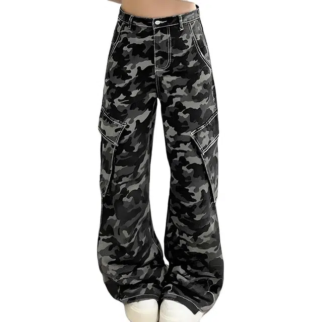 一碗士多 美式复古迷彩个性简约大口袋设计水洗做旧时尚长裤户外通勤日常百搭舒适显高显瘦宽松痞帅基础四季款休闲中腰直筒牛仔裤 男女同款