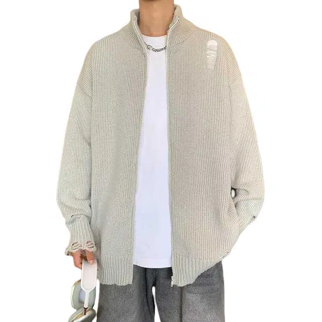 地界二 破洞开衫重磅美式潮牌高级感立领学院慵懒潮牌高级感纯色常规青春活力风针织衫 男款