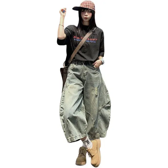 极限涡轮 美式休闲百搭压褶廓形水洗磨破阔腿宽松七分牛仔裤 男女同款