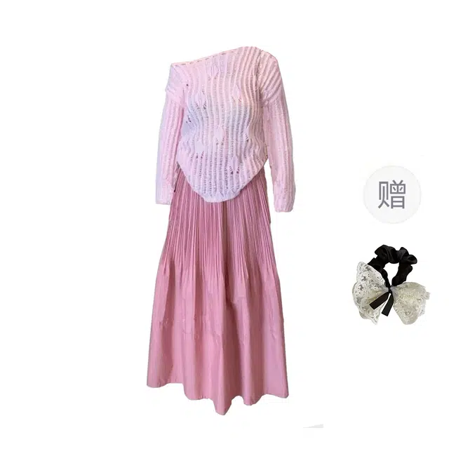 涂诗菲 大码韩系小众设计感镂空针织衫高腰褶皱半身裙两件套裙装套装 女款