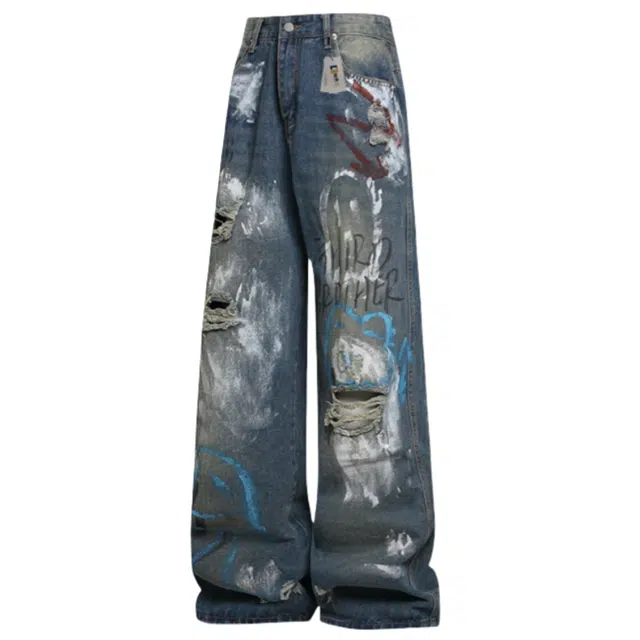 地界二 水洗泼墨涂鸦磨破设计脏脏风潮流休闲时尚直筒痞帅牛仔裤 男款