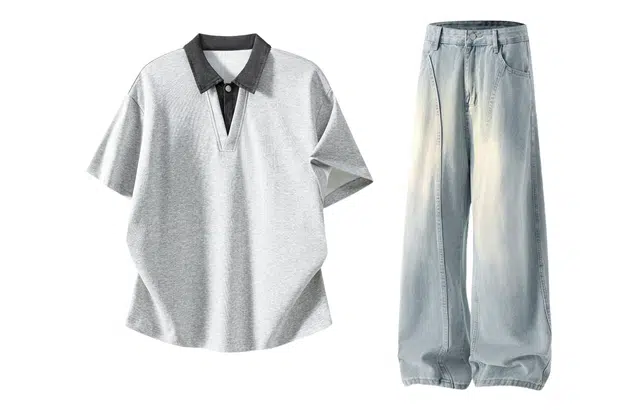 梓润格 美式基础百搭日常通勤学院风条纹衬衫领假两件重磅短袖复古水洗做旧痞帅阔腿拖地裤牛仔裤休闲运动套装 男女同款