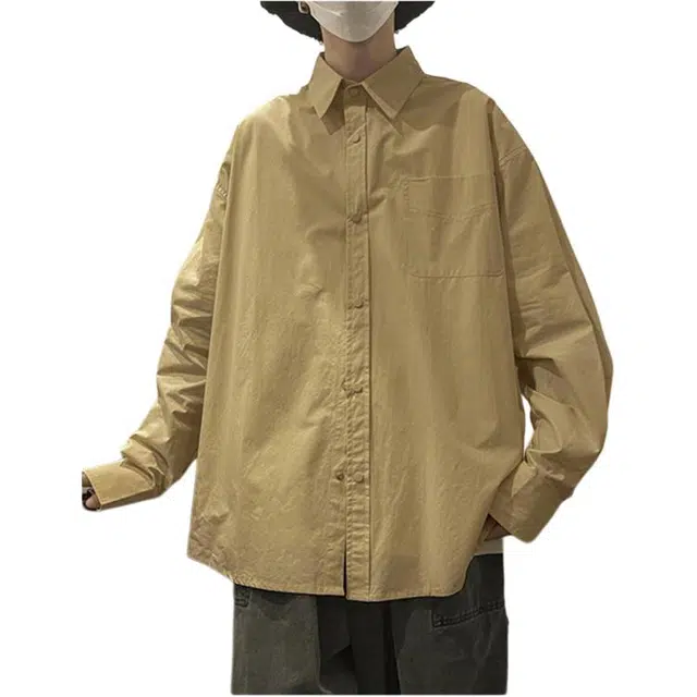 地界二 高级感痞帅日系纯色复古高街休闲高级感痞帅日系长袖衬衫外套 男款