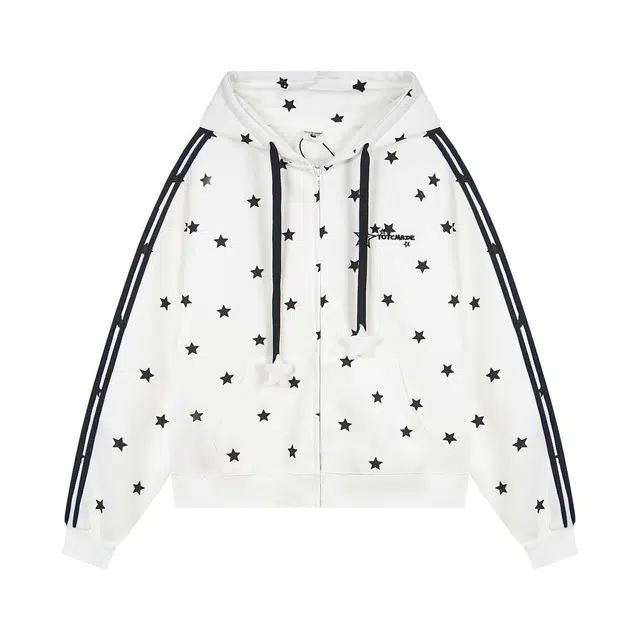 邓大喵 满印星星卫秋冬季宽松慵懒休闲甜酷情侣连帽开衫长袖外套卫衣 女款