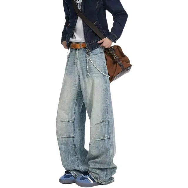 一碗士多 褶皱水洗做旧渐变设计感解构美式高街直筒阔腿裤宽松日常百搭韩系潮流小众牛仔裤 男女同款