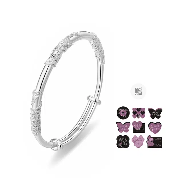 【999足银纯银丨可免费定制刻字丨赠告白贺卡】 福韵金 六桂福珠宝 繁花似锦花枝玉叶新中式轻奢小众简约素圈浮雕推拉镯子 首饰 手镯 女款