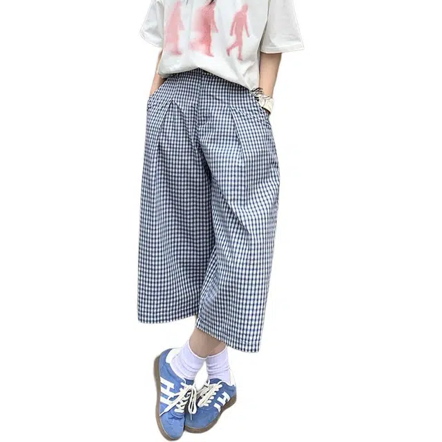 极限涡轮 中性风蓝格子纹宽松居家百搭七分休闲裤 男女同款