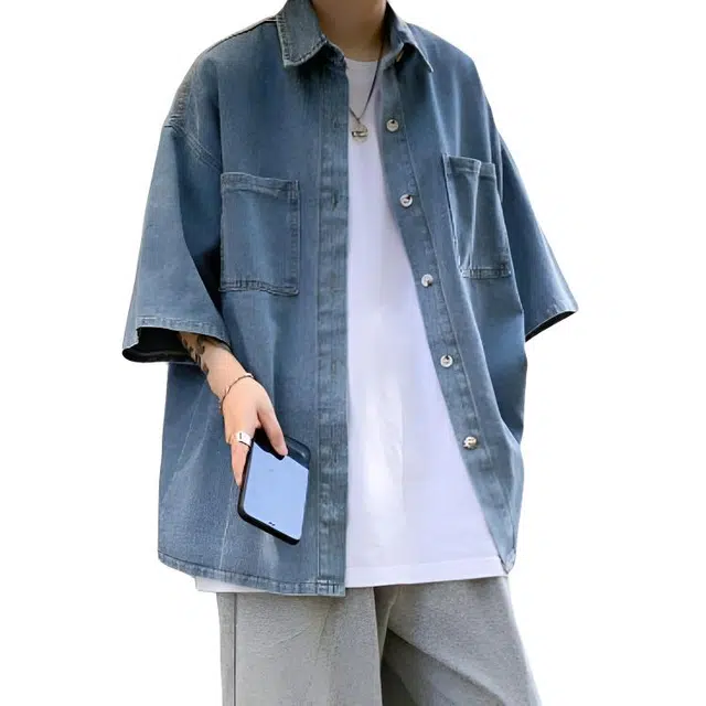 地界二 牛仔痞帅个性纯色宽松休闲短袖衬衫 男款