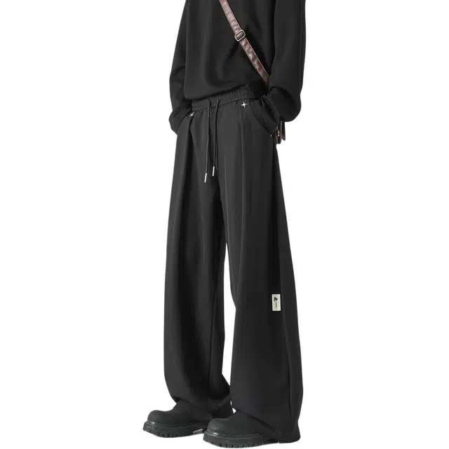 敦煌博物馆 美式复古学院风金属四芒星宽松阔腿直筒垂感中腰松紧腰绳微弹纯色简约透气舒适百搭运动通勤休闲裤 男女同款