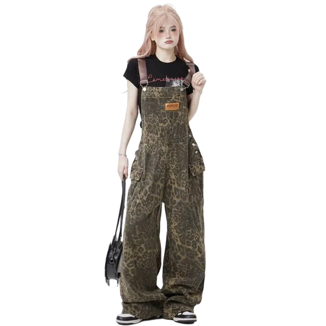 一碗士多 豹纹多口袋拖地潮流宽松美式复古设计感小众街头嘻哈阔腿裤辣妹工装慵懒风穿搭背带裤 女款