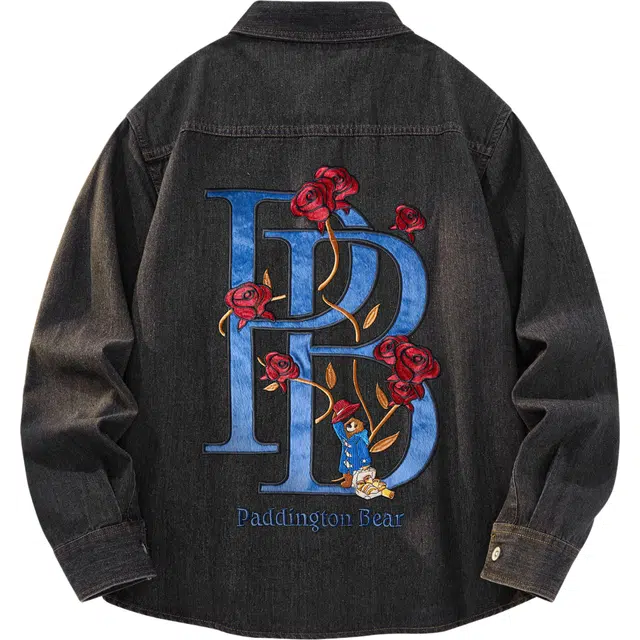 帕丁顿熊 美式轻奢绅士小熊玫瑰字母刺绣基础款纯色飞行重磅翻领街头痞帅小众染水洗做旧牛仔外套 男女同款