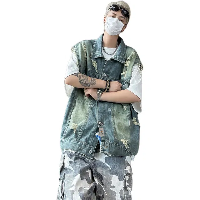 地界二 复古水洗磨破牛仔男街头美式痞帅休闲外套高街坎肩上衣水洗磨破复古街头纯色翻领马甲 男款