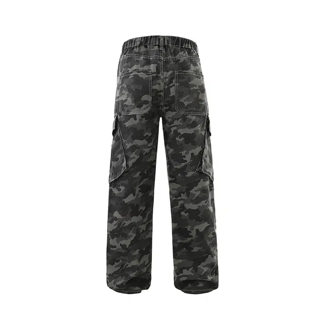 一碗士多 美式复古迷彩个性简约大口袋设计水洗做旧时尚长裤户外通勤日常百搭舒适显高显瘦宽松痞帅基础四季款休闲中腰直筒牛仔裤 男女同款