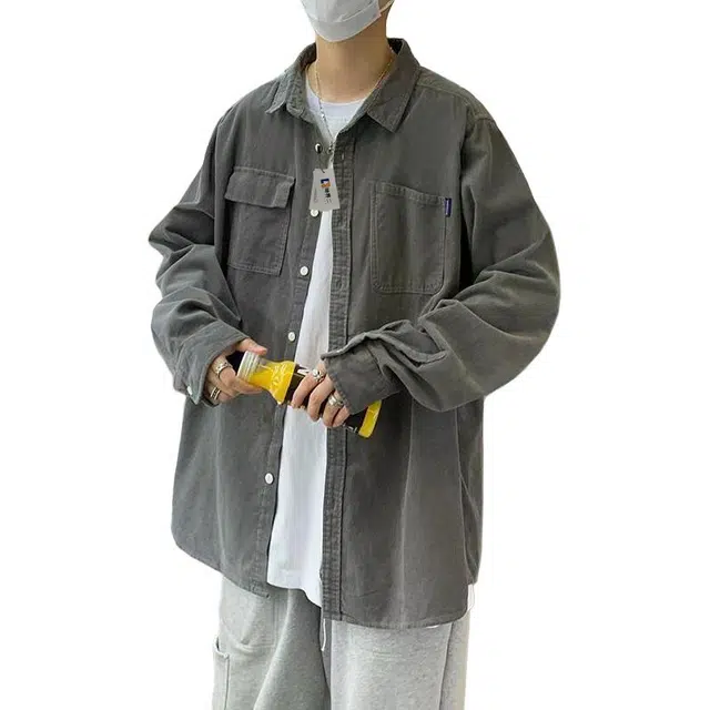 地界二 灯芯绒长袖男韩版潮流工装衬衣港风宽松休闲青少年薄外套春季韩版潮流长袖潮衬衫 男款