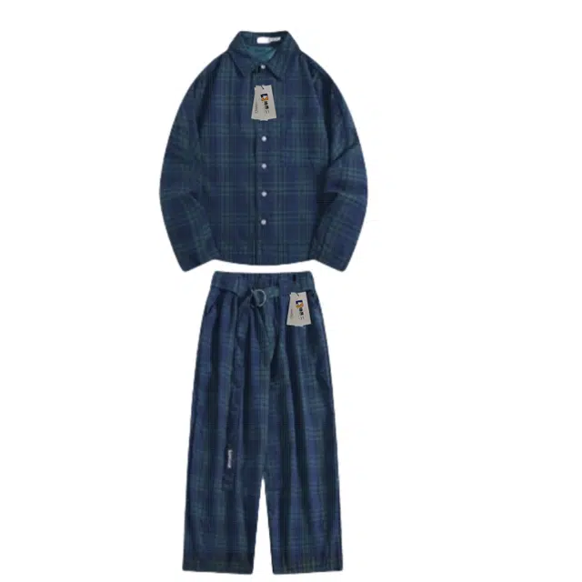 地界二 美式复古街头格子时尚帅气青春个性外套长裤休闲运动套装 男款