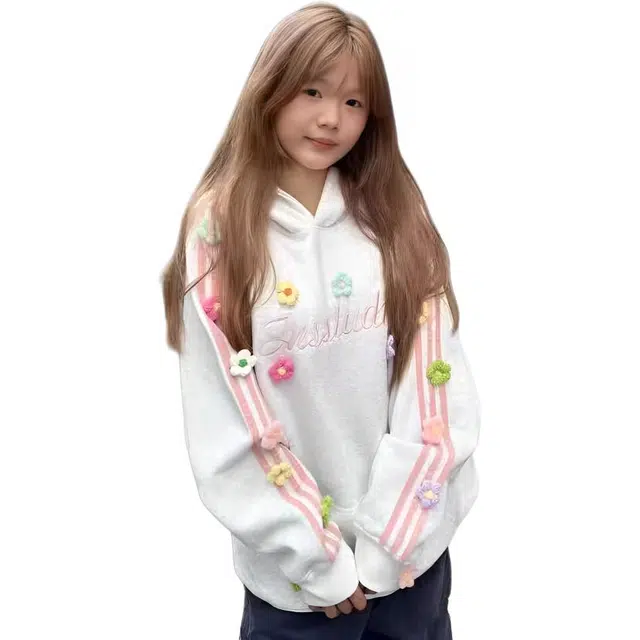 邓大喵 美式复古立体花朵秋冬刺绣春秋宽松设计百搭甜美连帽外套上衣卫衣 女款