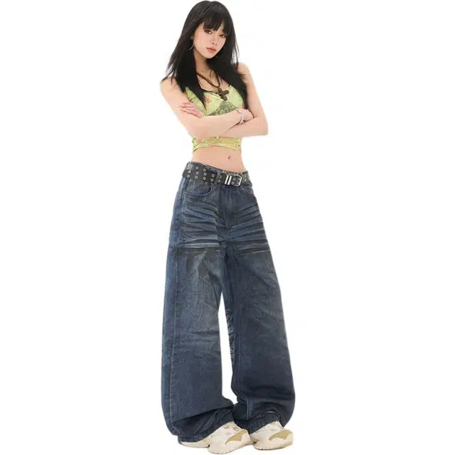 极限涡轮 美式阔腿薄款宽松百搭复古高腰直筒压皱拖地牛仔裤 男女同款