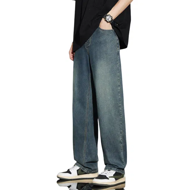 瑞梵帝斯 美式潮牌高街复古水洗做旧拉链设计宽松百搭舒适凉感透气垂感拖地休闲直筒莱赛尔天丝面料弹力裤男生牛仔裤 男款