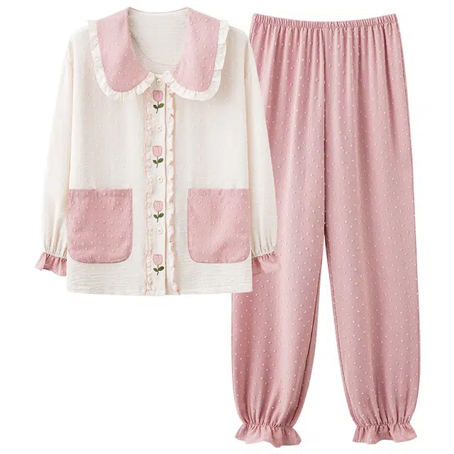 俏佳人 云朵棉系列 开衫甜美公主风简约花卉休闲宽松透气亲肤舒适长袖长裤家居服睡衣套装 女款