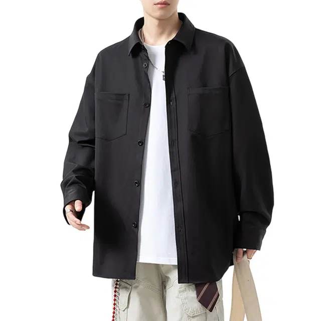 冈哉 纯色简约基础款双口袋拼接美式学院风重磅高级感翻领宽松休闲百搭长袖衬衫 男女同款