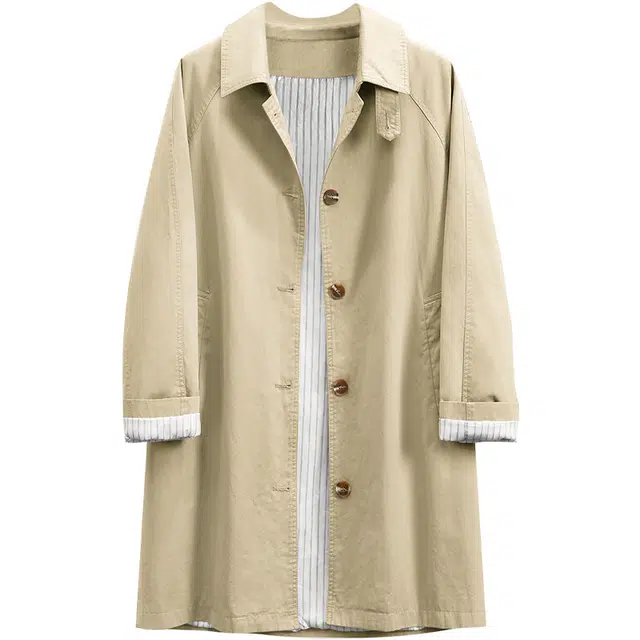她池 休闲风宽松款单排扣翻领中长款长袖上衣风衣 女款 卡其色