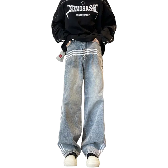 北极绒 三条杠拼接阔腿美式高街复古小众宽松水洗休闲裤 男款