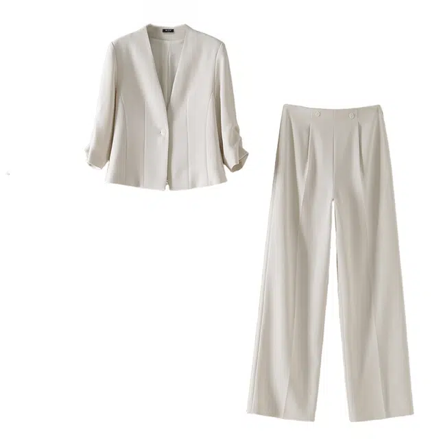 潞优野 高端气质三醋酸外套时尚百搭七分袖上衣+直筒裤子秋季款休闲套装 女款