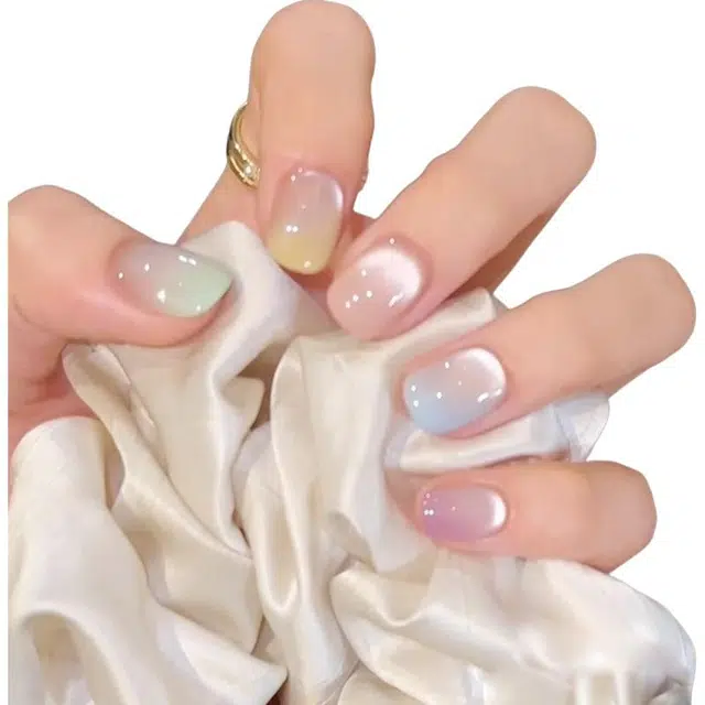 柚予颜 手工穿戴甲高级感猫眼马卡龙色渐变美甲  短方圆糖果色腮红晕染 纯欲