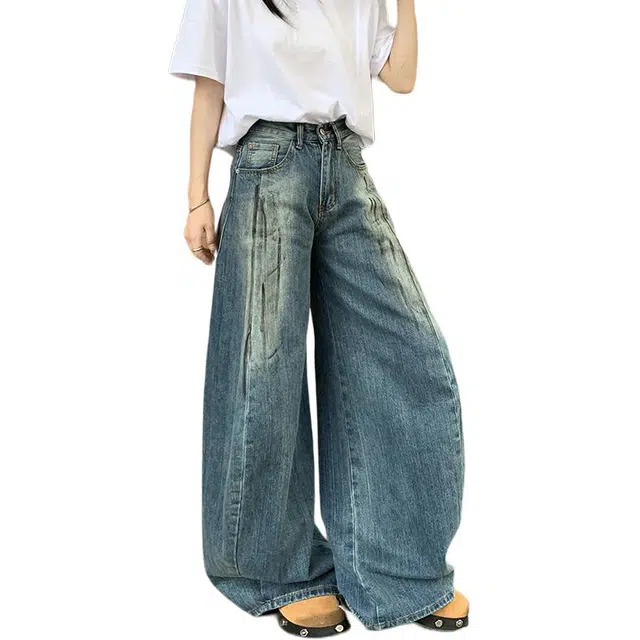 极限涡轮 美式复古水洗高腰弯刀设计感宽松显瘦阔腿裤拖地牛仔裤 男女同款