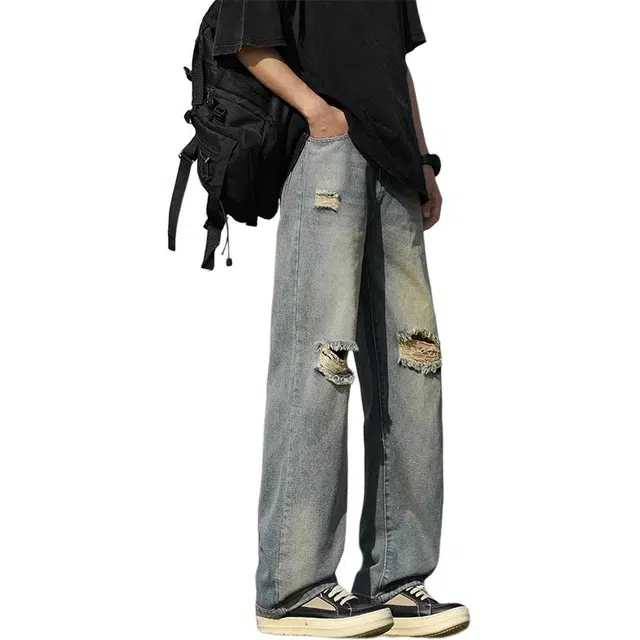 协协乐 高街风磨破破洞美式复古做旧水洗春秋季百搭宽松阔腿青少年拖地休闲长裤牛仔裤 男款