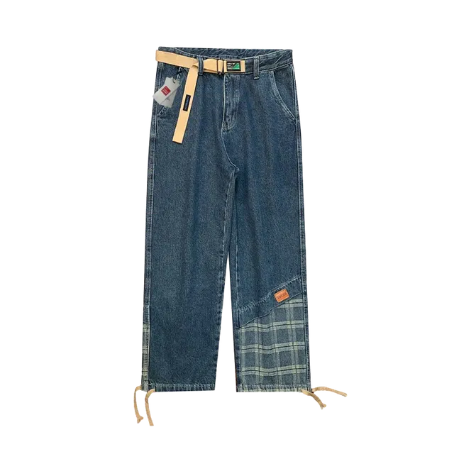 北极绒 潮牌拼接港风宽松束脚工装裤日系复古直筒长裤牛仔裤 男款