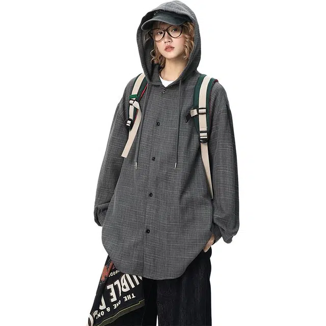 佐菲利 美式慵懒松弛感连帽抽绳宽松显瘦长袖衬衣外套衬衫 男女同款