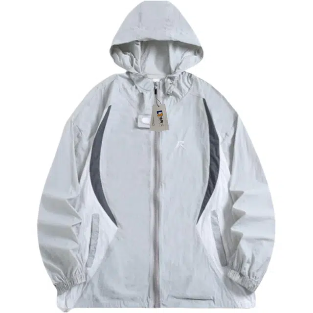 地界二 拼接刺绣连帽衣运动潮牌时尚宽松山系薄款工装夹克衬衫 男款