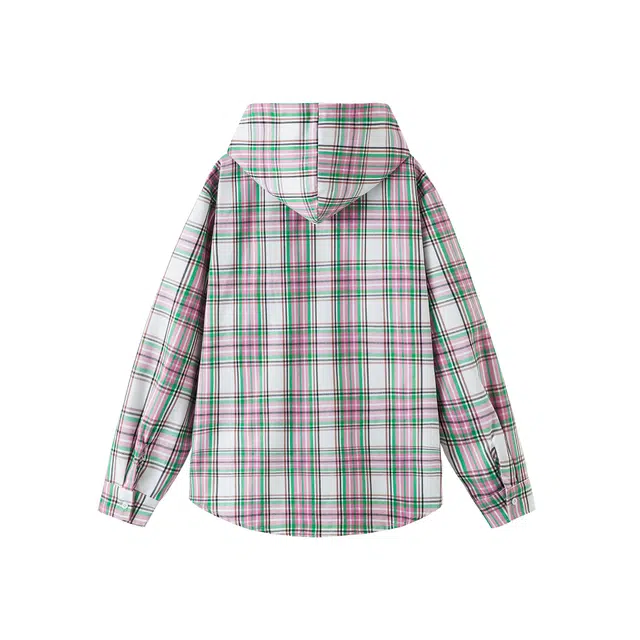 艾梵斯贝 美式复古潮流格纹撞色连帽开衫高级感简约设计款无性别主义法式慵懒风日常通勤百搭宽松休闲长袖衬衫 男女同款