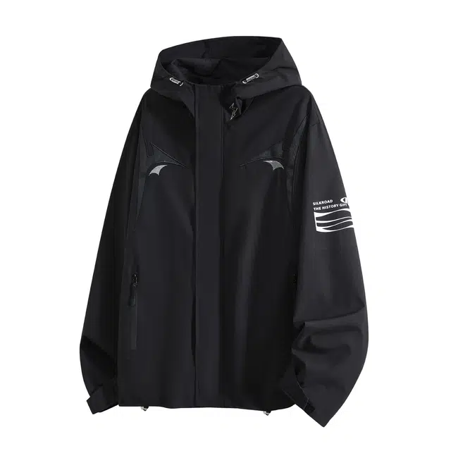 敦煌博物馆 美式复古都市机能软壳品牌字母印花防风保暖连帽长袖落肩拉链纯色简约百搭休闲夹克外套 男女同款