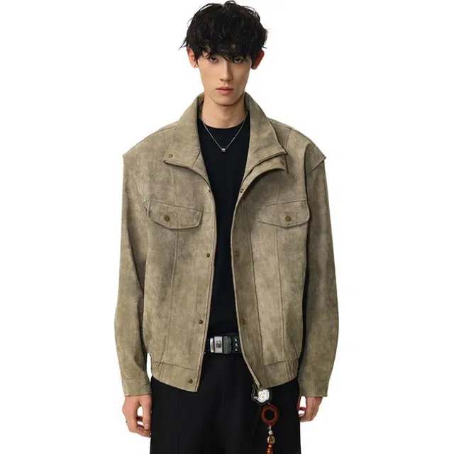 冈哉  美式复古老钱风做旧脏脏布潮流立领拉链设计休闲工装垂感痞帅宽松少年感舒适潮搭长袖外套夹克 男女同款