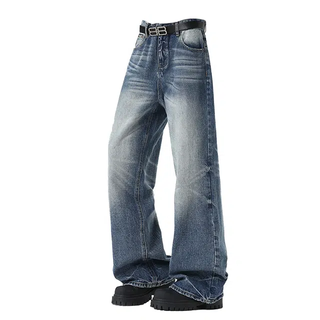 艾梵斯贝 美式复古潮流水洗做旧扎花简约设计感无性别主义高级感潮酷街头高街风日常通勤百搭休闲宽松直筒拖地牛仔裤 男女同款