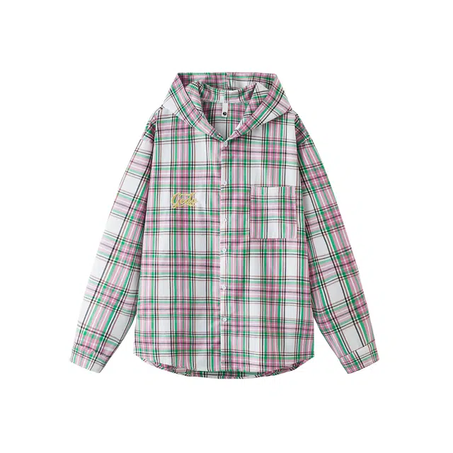 艾梵斯贝 美式复古潮流格纹撞色连帽开衫高级感简约设计款无性别主义法式慵懒风日常通勤百搭宽松休闲长袖衬衫 男女同款